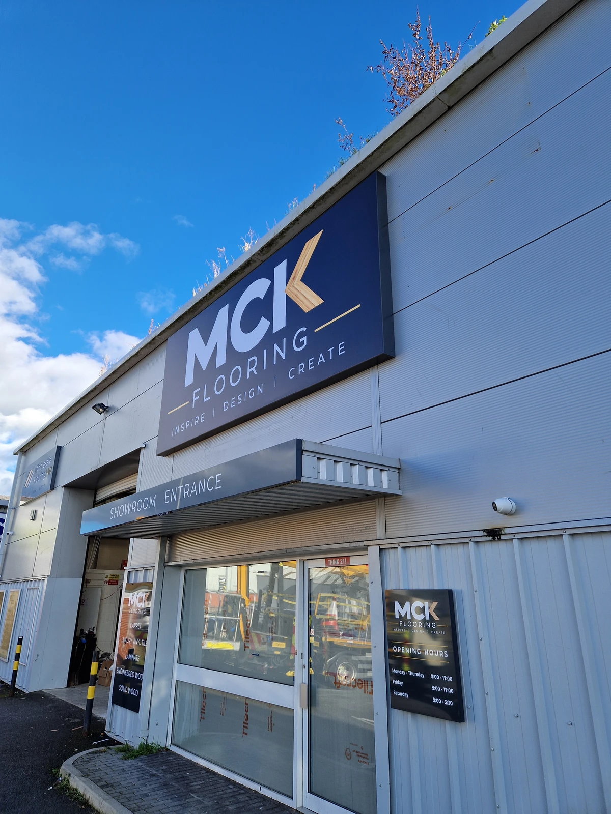 MCK Flooring spring-flex fascia sign and showroom entrance signage in Chester