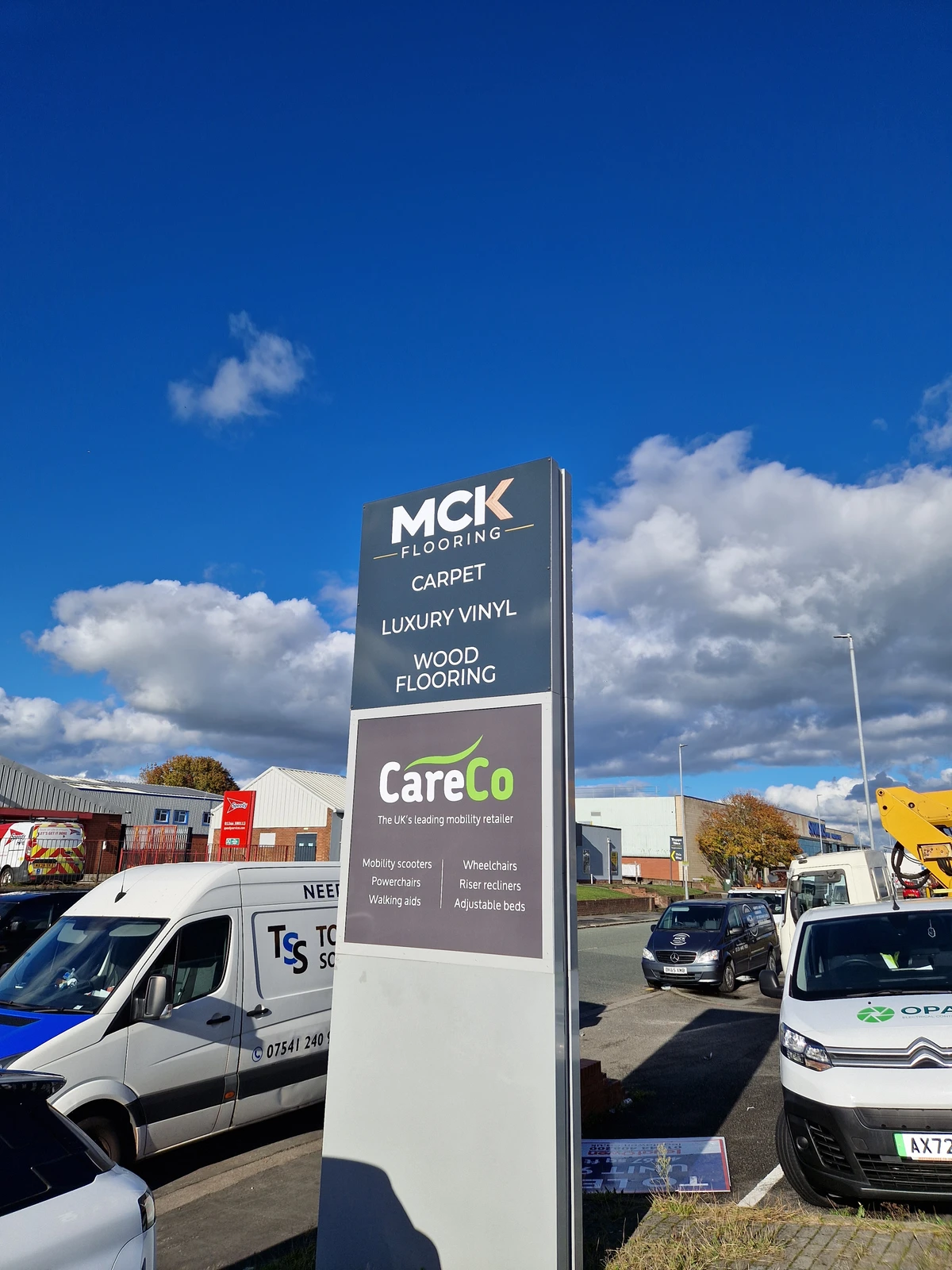MCK Flooring freestanding branded totem sign in Chester