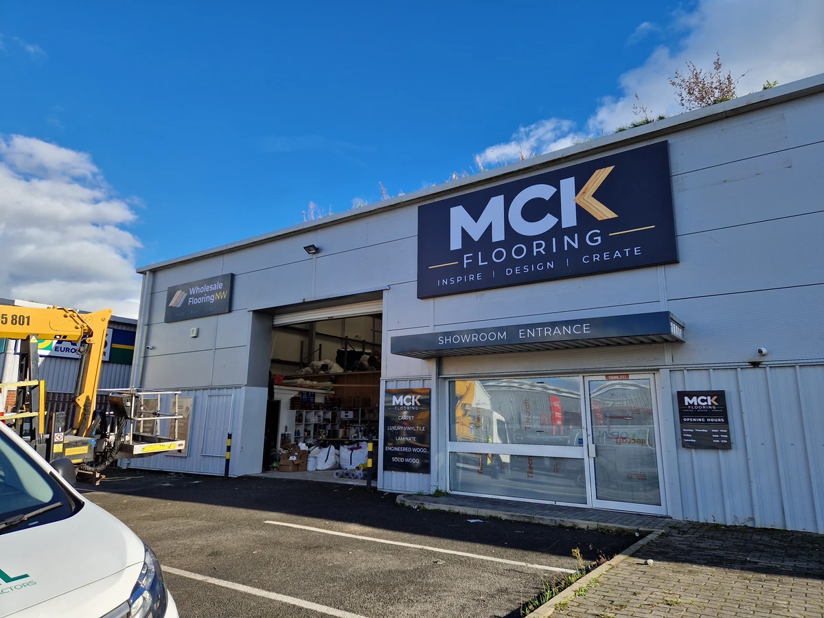 MCK Flooring illuminated fascia and showroom exterior signage in Chester